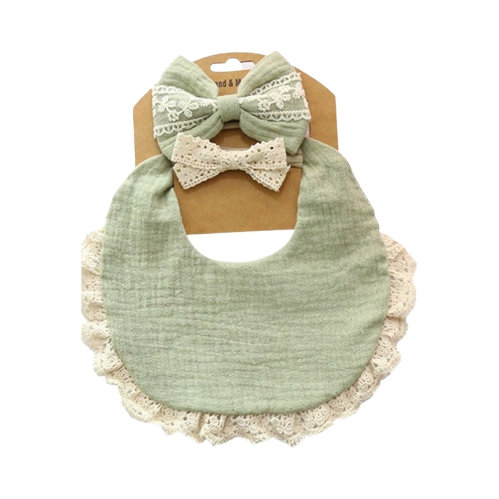 #8 MOSS GREEN MUSLIN COTTON BIB & HEADBANDS INFANT SET